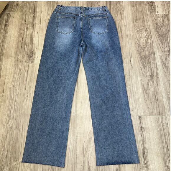 PrettyLittleThing Blue High Rise Straight Leg Jeans Raw Hem Size Tall 10 - Picture 2 of 11